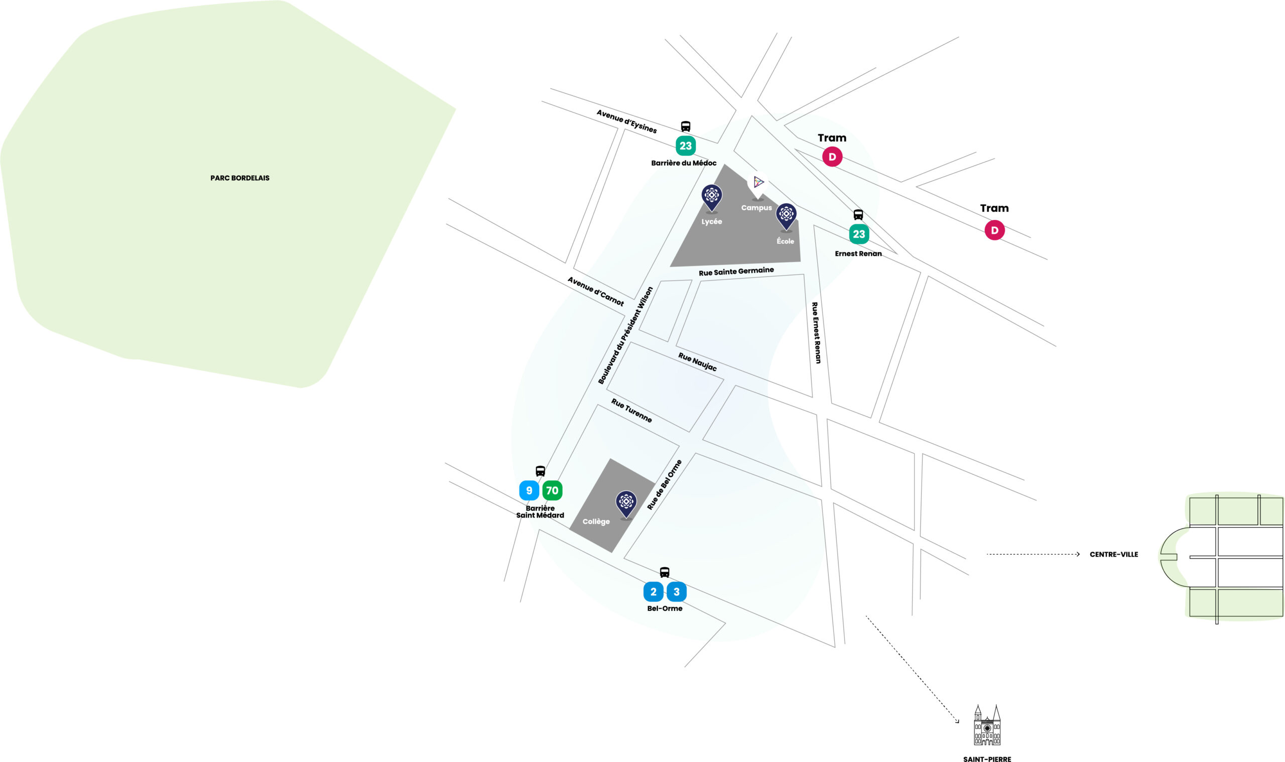 Carte Assomption Bordeaux - réseau de bus et tram